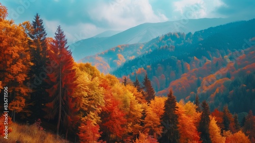 Autumn Mountainscape: A picturesque view of the fall season in the mountain forest, with vibrant yellow foliage under a serene sky