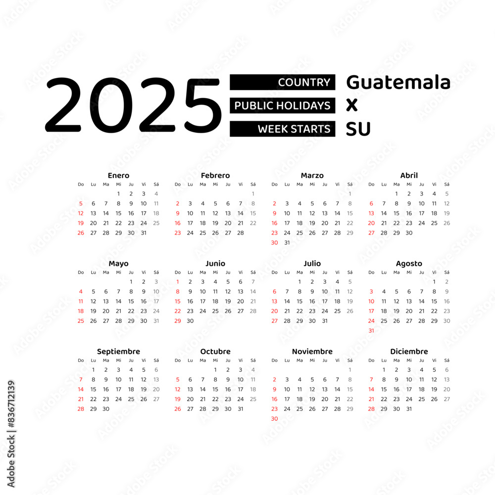 Guatemala calendar 2025. Week starts from Sunday. Vector graphic design. Spanish language.