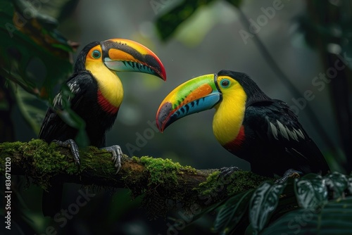 Two toucans sitting on the mossy branch in a dark forest  a photo of a tortoise ship with colorful beaks in close up 