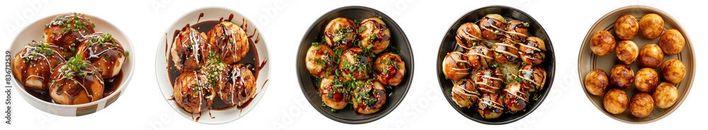 Takoyaki, octopus balls, Japanese food, in plate, isolated PNG, transparent cutout, top view Takoyaki, octopus balls, Japanese food, in plate, isolated PNG, transparent cutout, top view