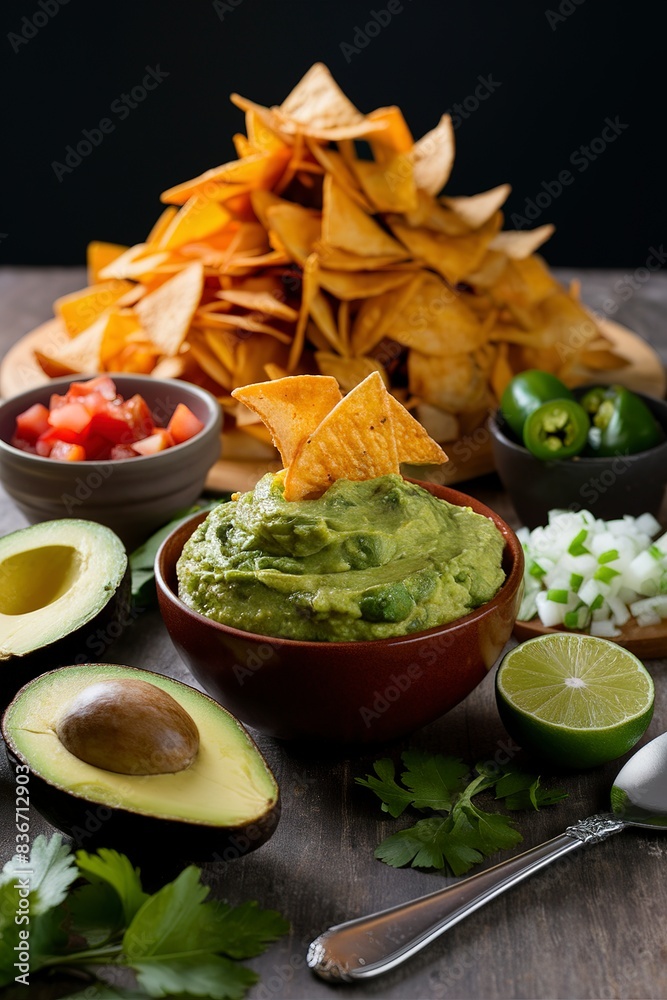 Ingredients for avocado guacamole dip and nachos Ingredients for avocado guacamole dip and nachos