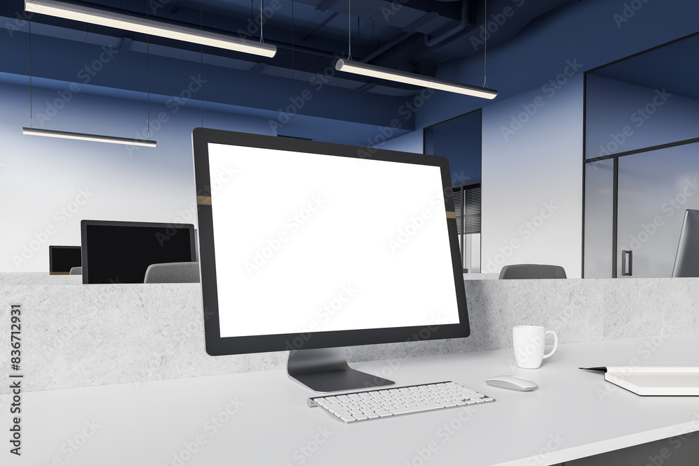 Fototapeta premium Office business interior with mockup pc computer screen on work table