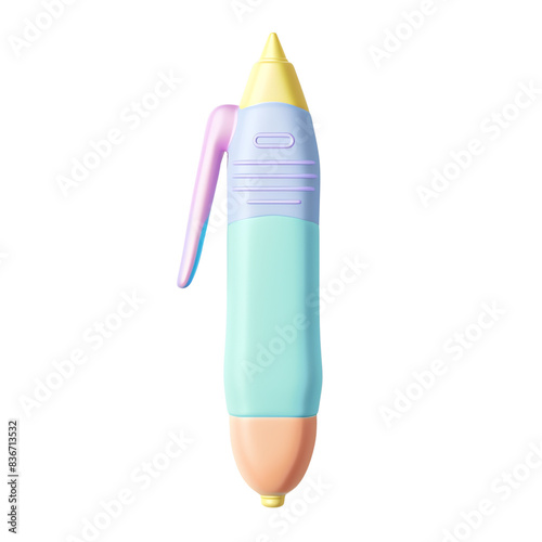 A pastel blue, yellow, and pink pen with a unique design. The pen is isolated on a black background.