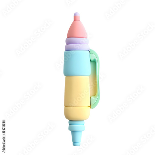 A colorful, multi-layered pen with a unique design.  It has a light green handle and pastel shades of pink, blue, and yellow.