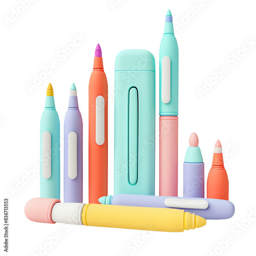 A group of colorful markers and a highlighter, lying on a white surface. The markers are arranged in a semi-circle, with the highlighter in the center.