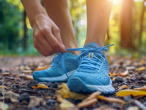 Person tying blue shoes trail