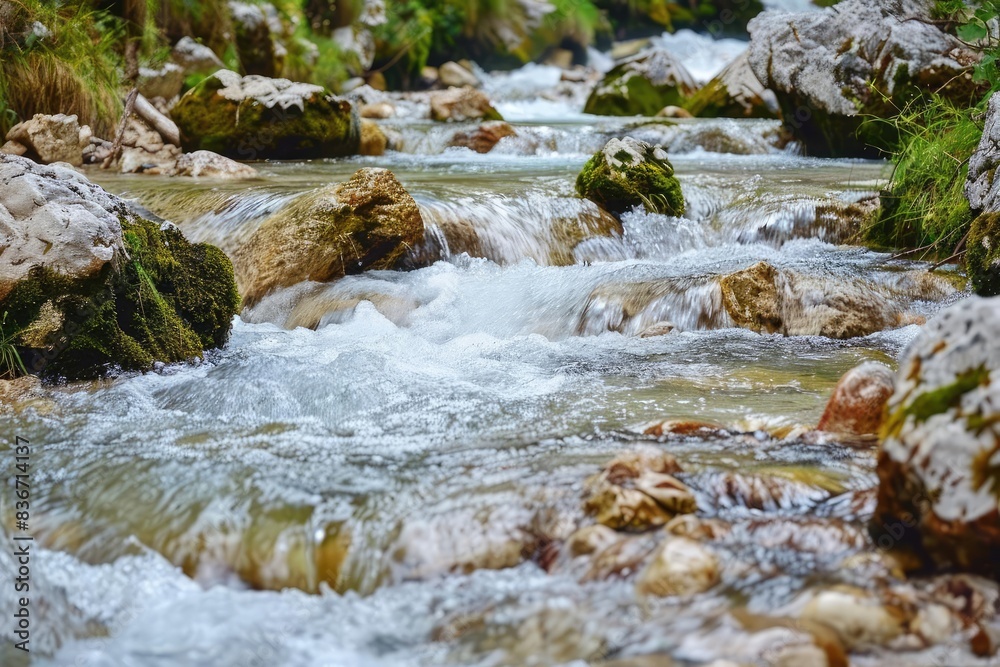 Mountain Stream A clear, flowing stream in a mountainous area, with rocks and moss Mountain Stream A clear, flowing stream in a mountainous area, with rocks and moss