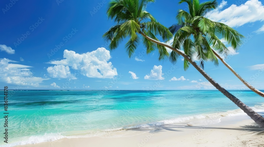 Palm Trees on Beach Tropical palm trees leaning over a sandy beach with turquoise water