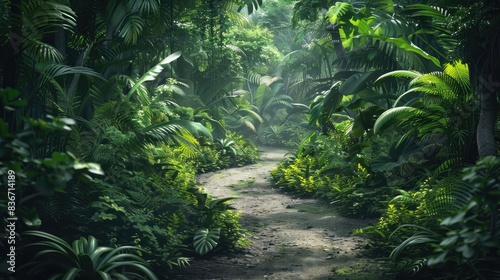 Rainforest Pathway A pathway winding through a dense  green rainforest with diverse flora