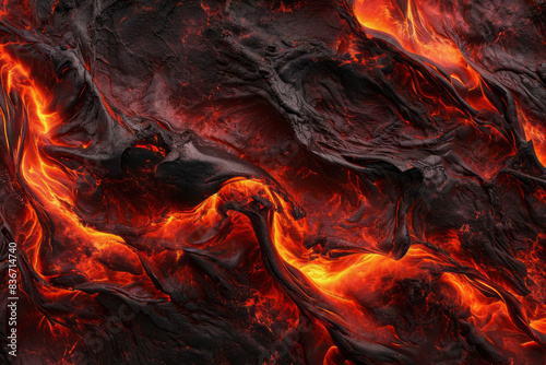 Molten lava flowing through volcanic rock, creating an intense, fiery display
