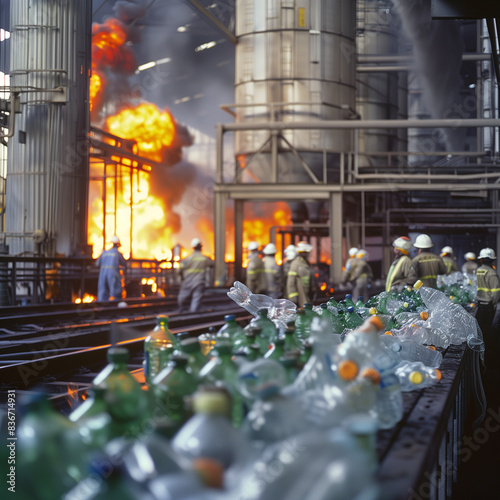 Incident at a plastic bottle recycling plant: assembly line with employees working, and a fire in the background.