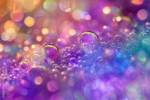 A close-up photo of colorful bubbles with bokeh lights on a purple background