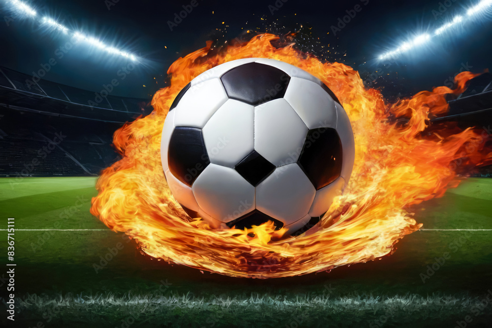 Fototapeta premium soccer ball flaming in the stadium, banner or poster background sport football competitions 