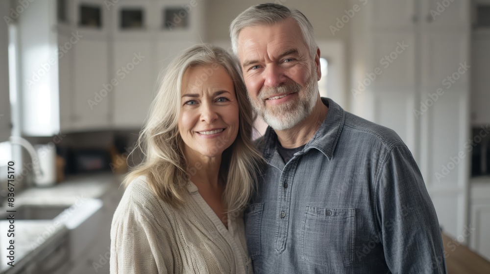 A couple is posing for a picture in a kitchen A couple is posing for a picture in a kitchen