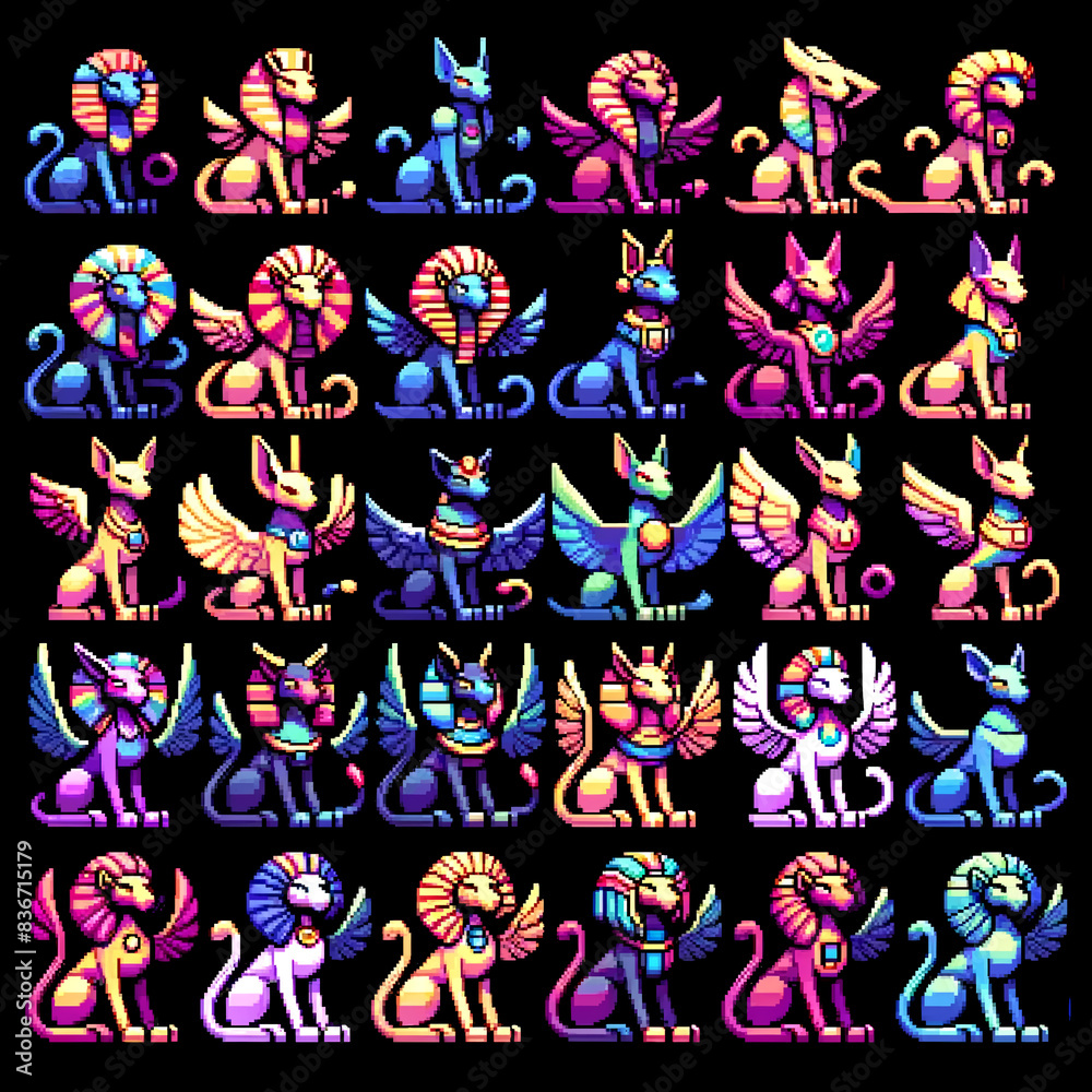 Obraz premium Vibrant Pixel Art Sphinxes RPG Icons
