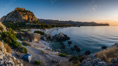 A picturesque camping site in nature with tents, On the beach, generated by AI