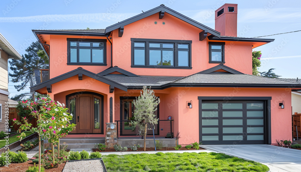 Fototapeta premium Sophisticated Craftsman Style New Construction Peach House with Modern Architectural Design in a Vibrant Urban Area