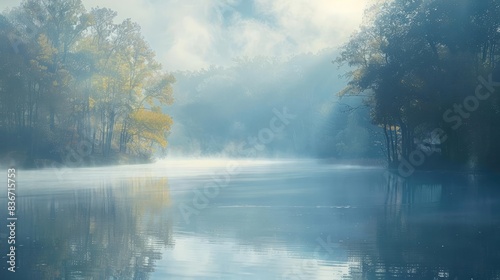 Misty Morning Lake A calm lake surrounded by trees and enveloped in early morning mist