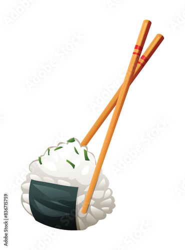 Onigiri rice ball with by chopsticks. Japanese food vector illustration