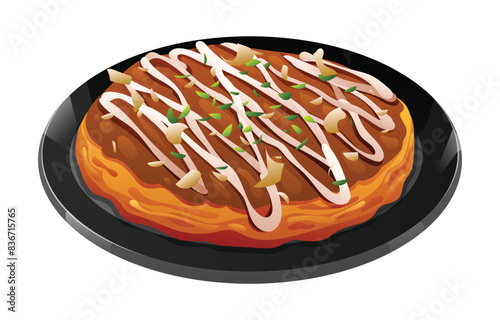 Картината върху платно Illustration of okonomiyaki drizzled with sauce and garnished on a black plate