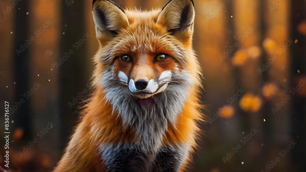 Obraz premium Granater AI A fox sitting in the woods, surrounded by falling leaves.