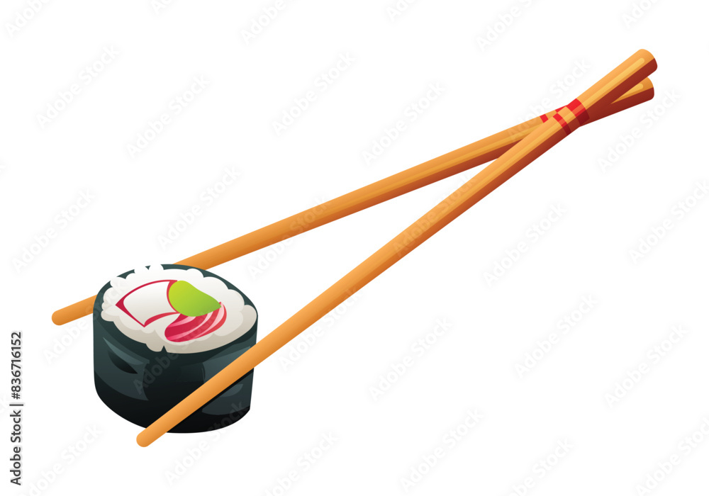 A piece of sushi roll held with chopsticks. Japanese food vector illustration A piece of sushi roll held with chopsticks. Japanese food vector illustration