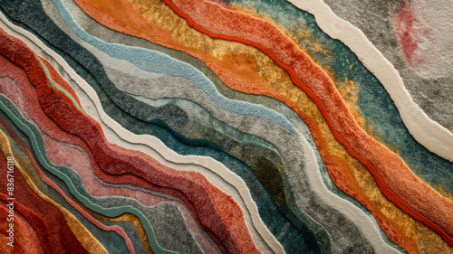 Textured carpet with wavy, multicolored layers in shades of orange, blue, gray, and beige, resembling a topographic map. photo