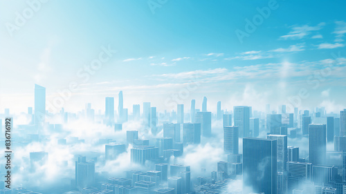 Futuristic cityscape shrouded in mist, with tall skyscrapers piercing through the clouds under a clear blue sky. photo