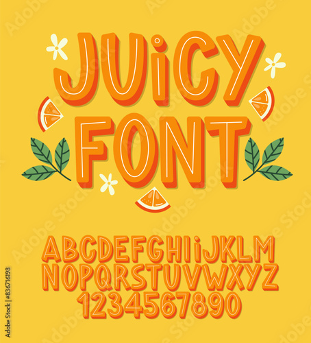 Juicy Font. Orange Summer Fruity Alphabet. Orange Juice Letters and Numbers.