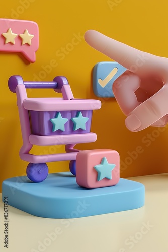 A hand is pointing at the cart icon on an app, and stars, shopping icons photo