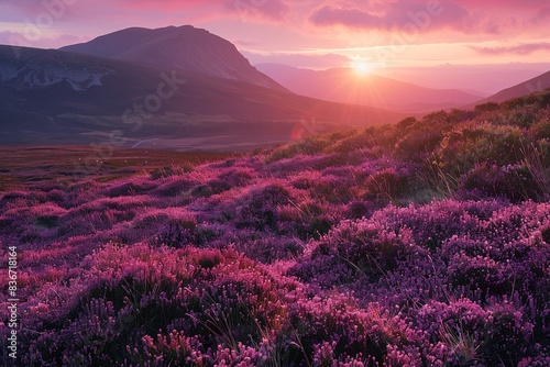 Sunrise over a moor with wild heather.