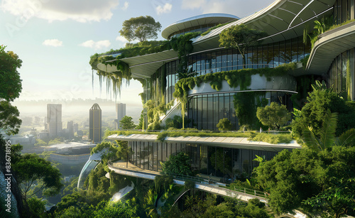 Futuristic cityscape where buildings are integrated with lush greenery, embodying the concept of sustainable urban development. © Curioso.Photography