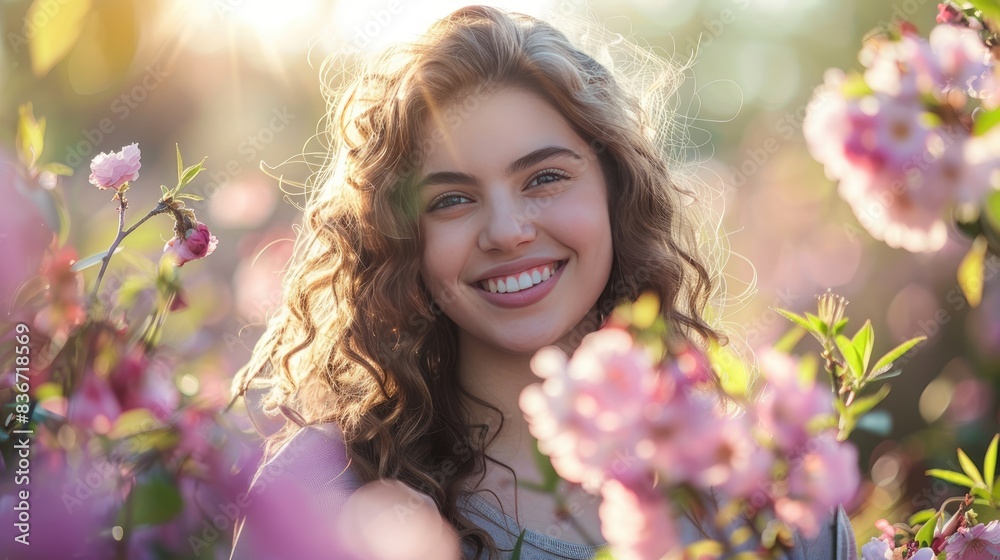 Fototapeta premium A happy woman in the spring outdoors. A smiling young woman in a spring garden enjoys the blossoming flowers of the trees.