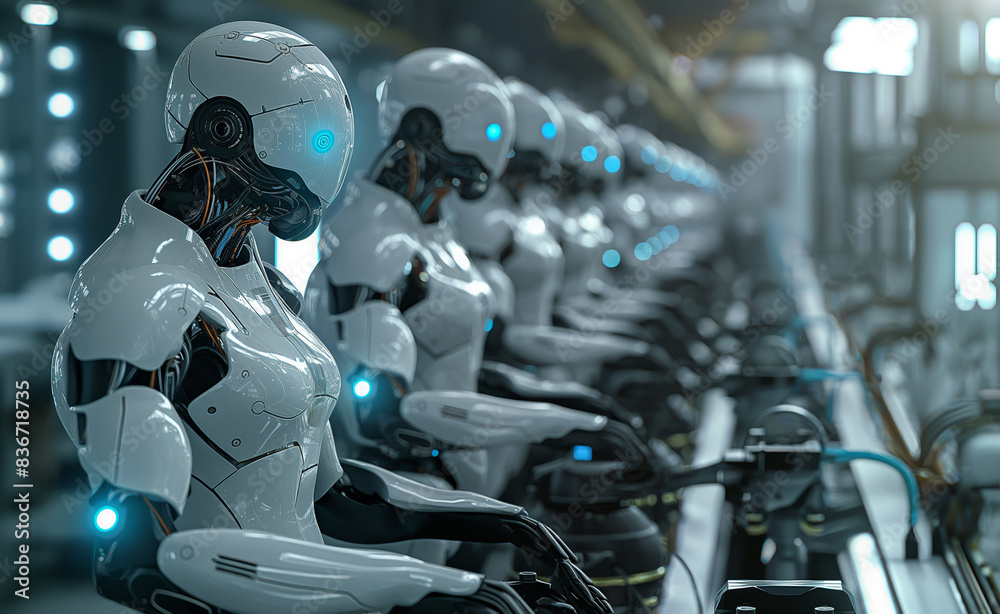 Fototapeta premium Futuristic manufacturing plant where AI-powered robots, equipped with advanced computer vision systems, inspect and assemble products with incredible precision.