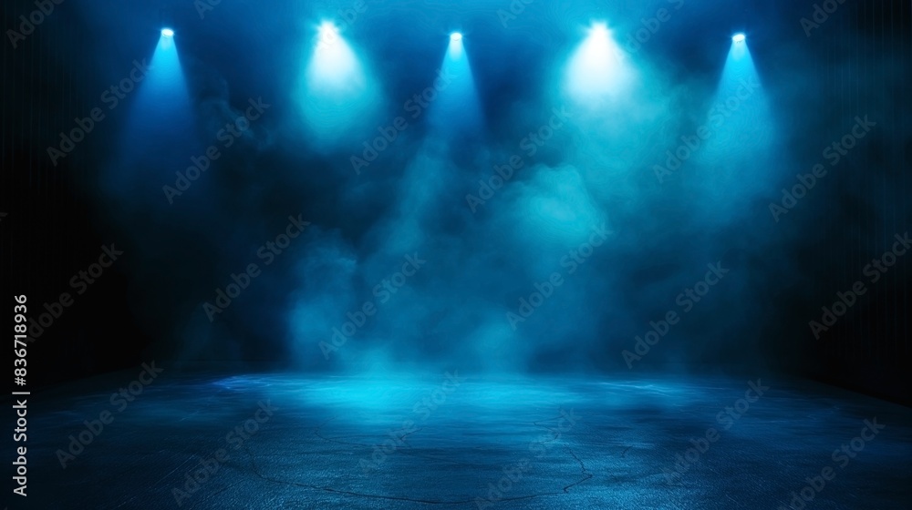 Empty stage with four blue spotlights and smoke, creating a dramatic and atmospheric ambiance.