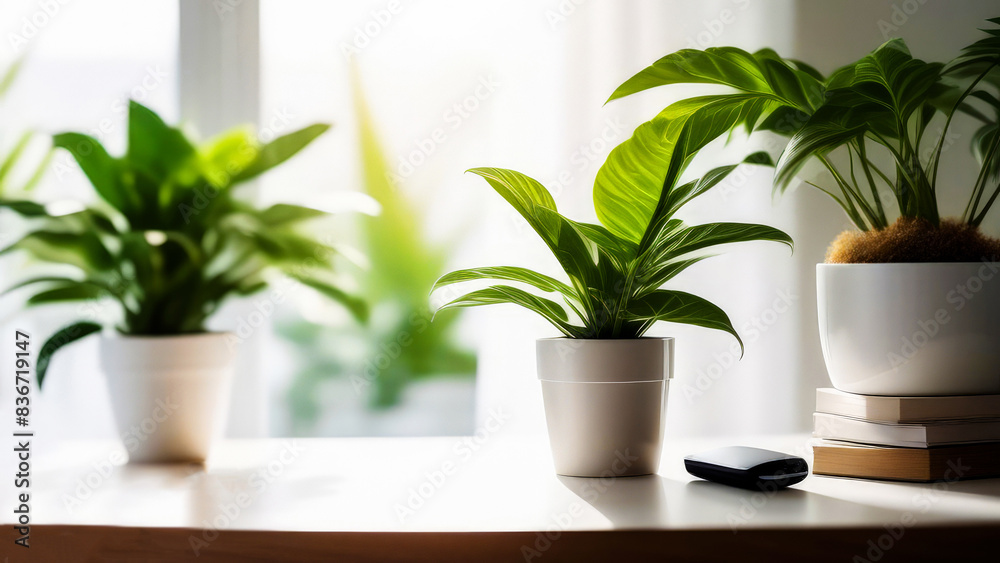 Green indoor plants in white pots sit on a desktop near the window, bathed in sunlight, creating a comforting and serene atmosphere. Copy space. Green indoor plants in white pots sit on a desktop near the window, bathed in sunlight, creating a comforting and serene atmosphere. Copy space.