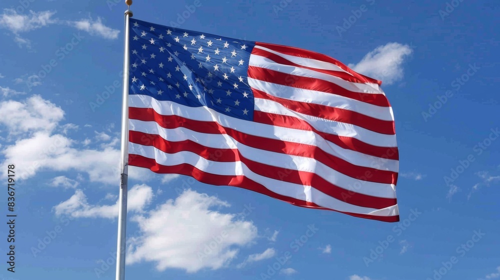 Flag of United States of America being waved in the breeze against a sky. USA flag Flag of United States of America being waved in the breeze against a sky. USA flag