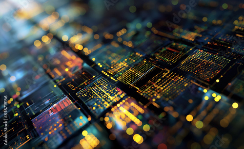 GPU featuring the intricate Ada Lovelace architecture, focusing on densely packed CUDA and Tensor cores, highlighting the advanced technology that powers AI and deep learning applications. photo