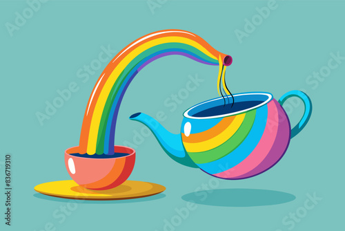 a teapot pouring liquid into a cup, Whimsical teapot with a long spout playfully pouring a rainbow of colored tea into a mismatched teacup