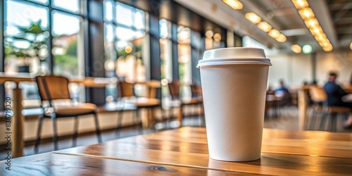 Closeup of a white paper cup of coffee on a table in an empty cafe