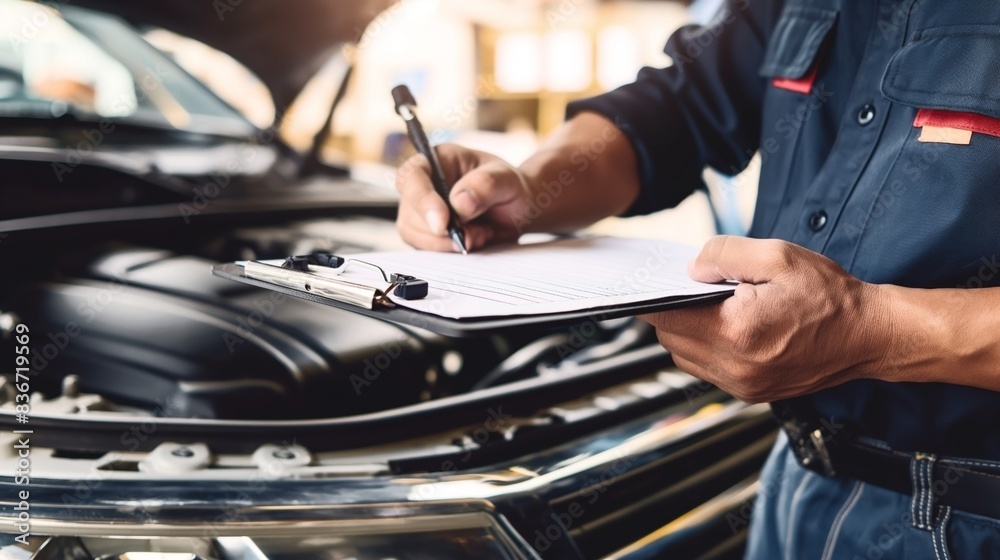 Mechanic inspecting a car engine with a clipboard, taking notes or conducting a check-up in an auto repair shop. Mechanic inspecting a car engine with a clipboard, taking notes or conducting a check-up in an auto repair shop.