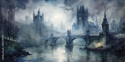 Dark and creepy watercolor image of an apocalyptic London Bridge landscape in the City of London