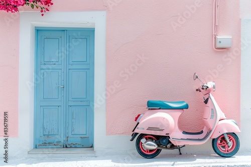 Vintage pink scooter beside wall.