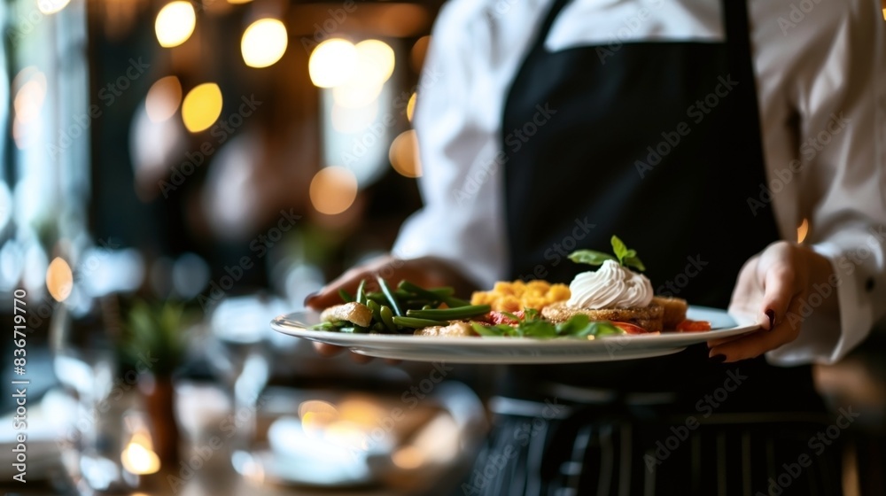 A server in a black apron holding a plate of gourmet food with vegetables and garnish in a cozy, dimly lit restaurant. A server in a black apron holding a plate of gourmet food with vegetables and garnish in a cozy, dimly lit restaurant.