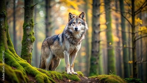 of a majestic wolf standing in a forest