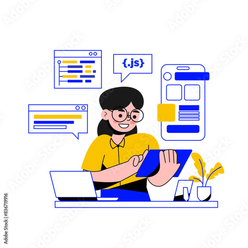 Vector of developer woman developing program using ipad or research for develop ui ux program.