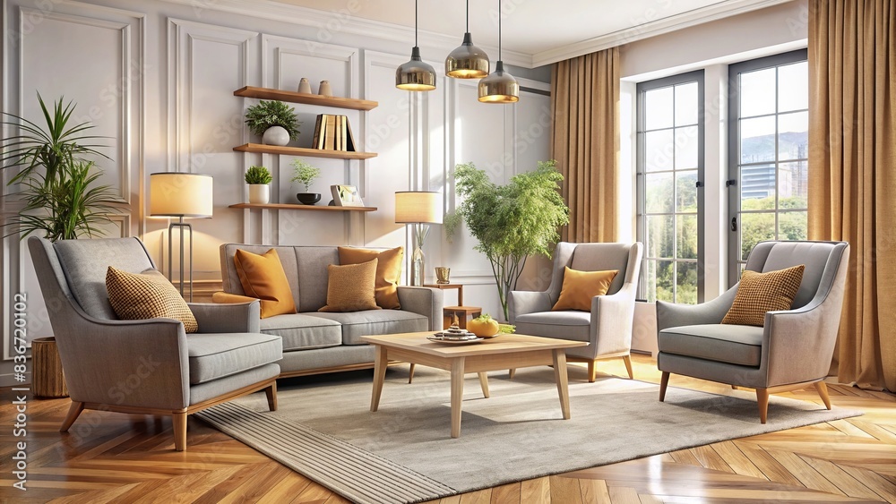 Home interior mock up with armchairs, table and decor in living room