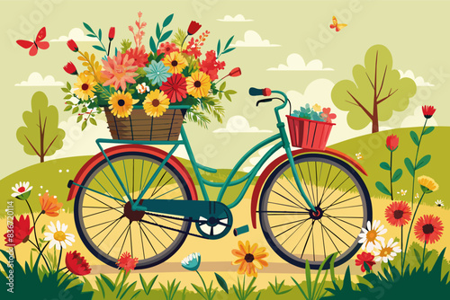 a bicycle with flowers in the basket, A cornucopia overflowing with fruits and vegetables for Thanksgiving