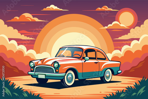 a car driving on a road in the desert, A vintage car decorated with "Just Married" cans, driving off into the sunset
