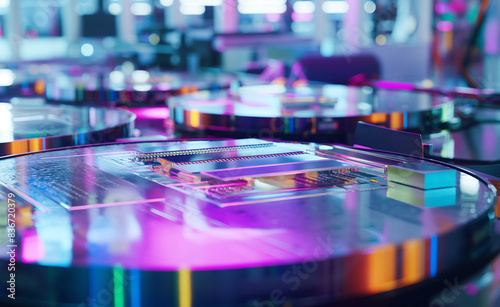 Wallpaper Mural Silicon wafers during the manufacturing process for AI chips. The background features high-precision machinery in a cleanroom environment.  Torontodigital.ca